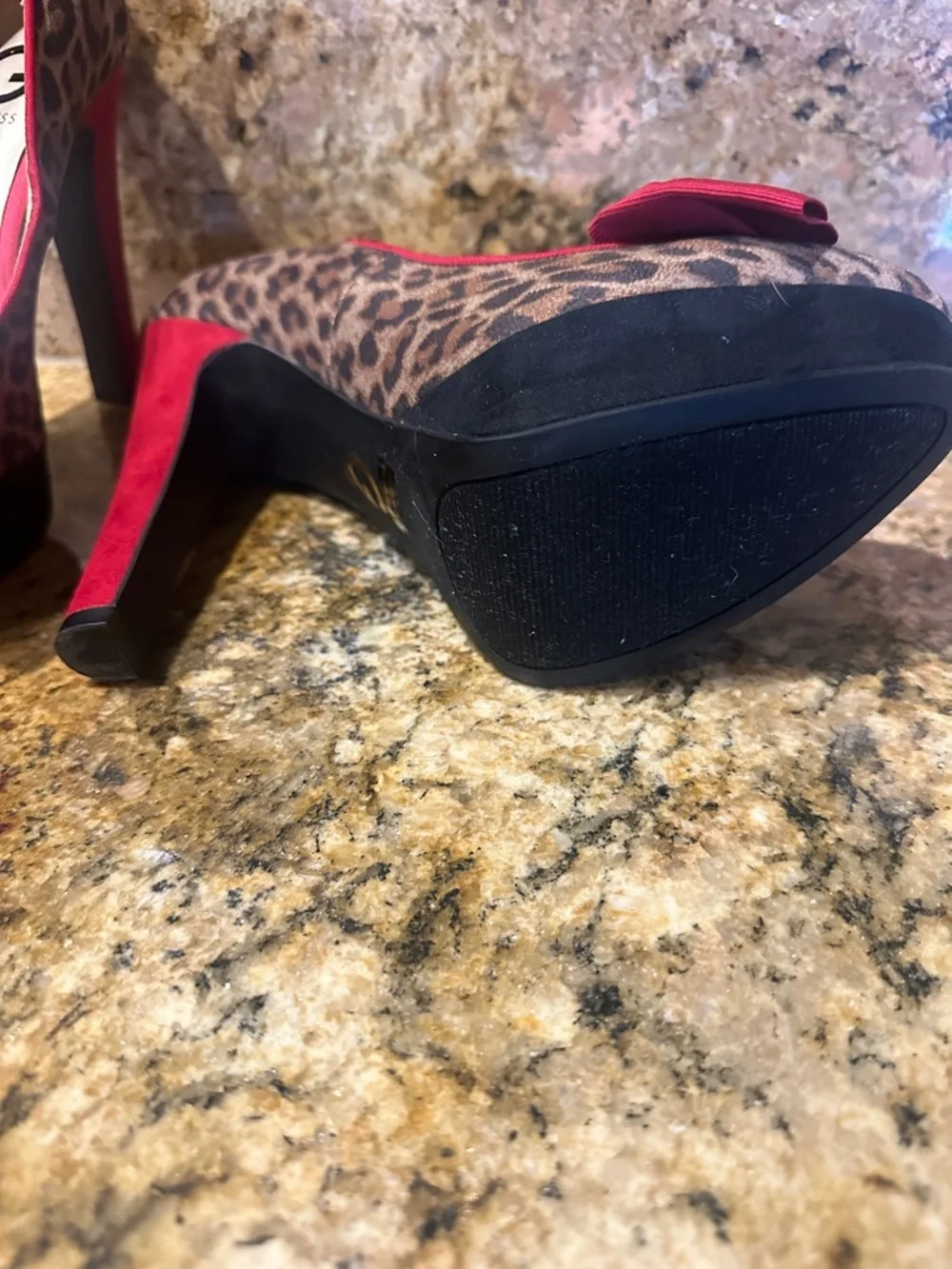 Guess Leopard Print Platform Pumps with Red Trim and Bow